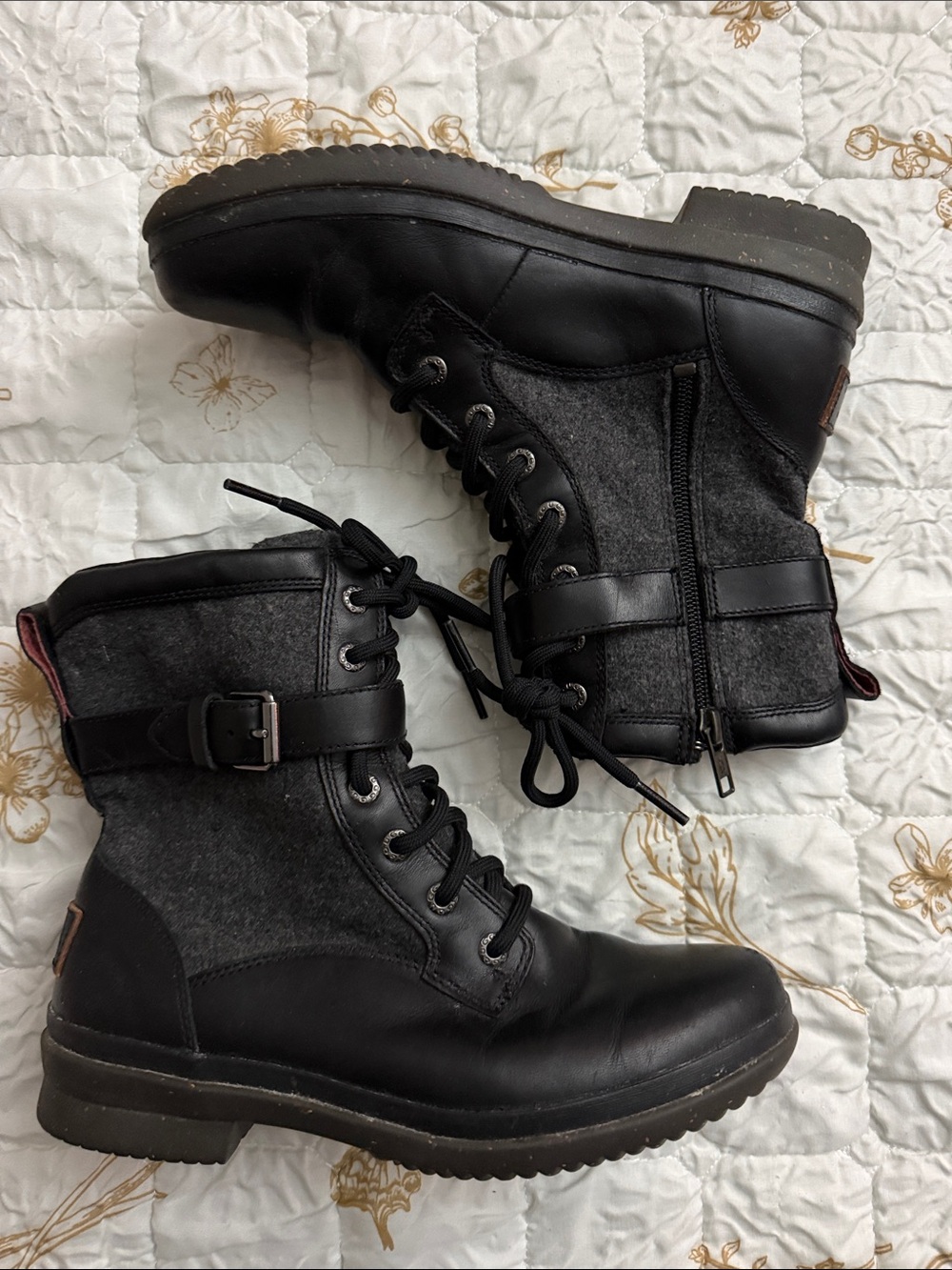 UGG Black Lace-Up Leather & Felt Combat Boots with Buckle